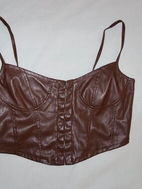 Brown Faux Leather Corset Crop Top - Women